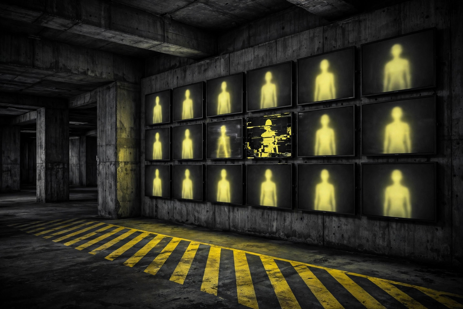 A wall of screens in a dark concrete hall, each showing a glowing yellow human silhouette, one screen glitching, above a worn hazard stripe on the floor.