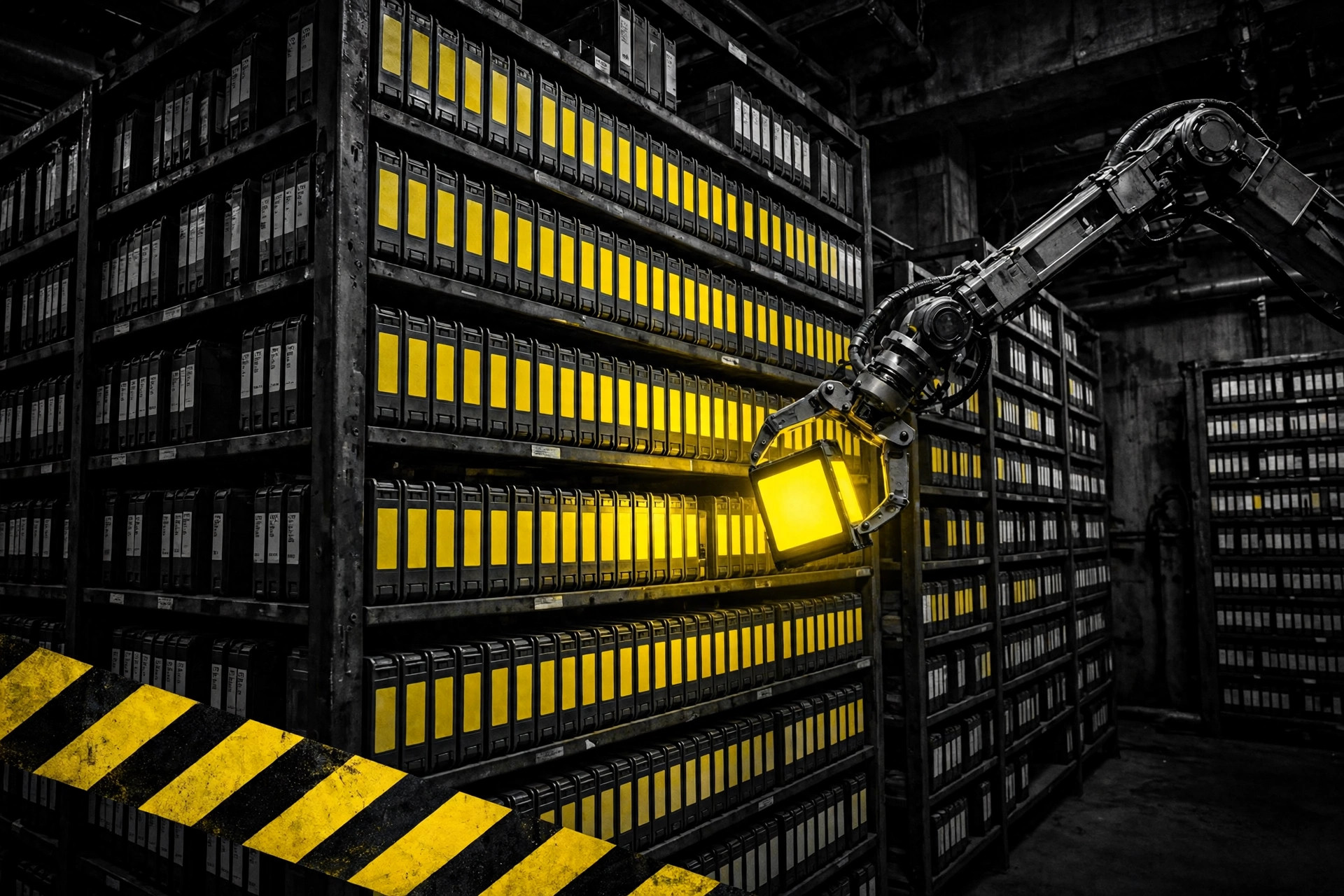 A robotic tape library arm holding a glowing yellow magnetic tape cartridge in front of shelves packed with data tape cartridges, with a hazard stripe across the corner