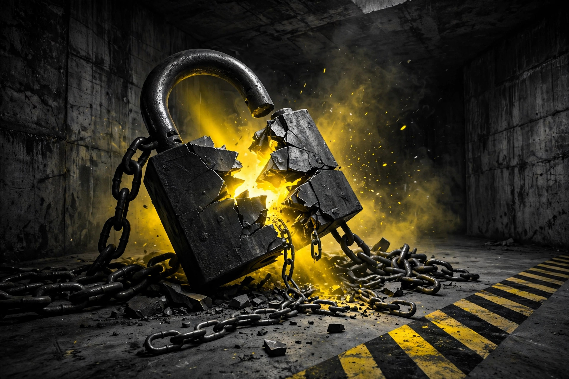 A massive black padlock smashed in half inside a concrete vault, broken chains scattered across the floor, caution yellow light bursting from the break, and a hazard stripe painted along the ground.